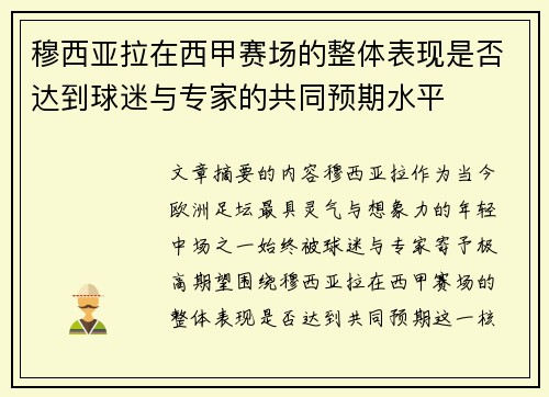 穆西亚拉在西甲赛场的整体表现是否达到球迷与专家的共同预期水平